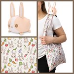 Tote Bag with Plushie: (Light Brown Bunnies & Veggies + Light Brown Bunny) (No Amazon Sales)