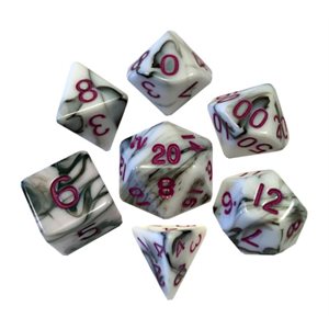 Dice: Acrylic 16mm 7pc Set: Marble: Purple Numbers ^ Q2 2024