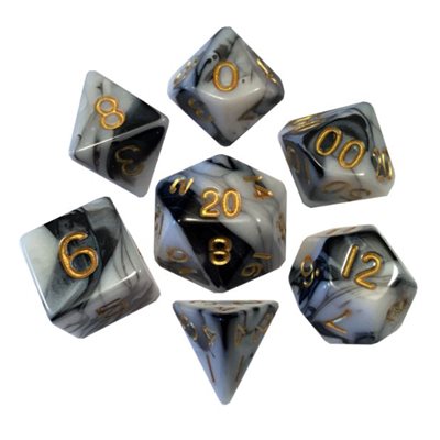Dice: Acrylic 16mm 7pc Set: Marble: Gold Numbers ^ Q2 2024