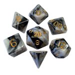 Dice: Acrylic 16mm 7pc Set: Marble: Gold Numbers ^ Q2 2024