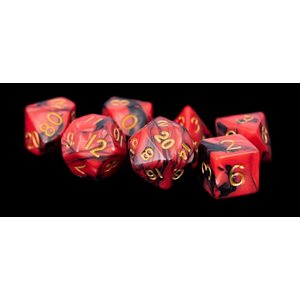 Dice: Acrylic 16mm 7pc Set: Red / Black w / Gold Numbers ^ Q2 2024