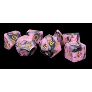 Dice: Acrylic 16mm 7pc Set: Pink / Black w / Gold Numbers ^ Q2 2024