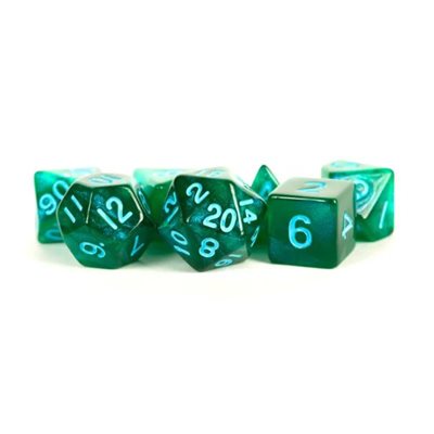 Dice: Acrylic 16mm 7pc Set: Stardust Green w / Blue Numbers ^ Q3 2024