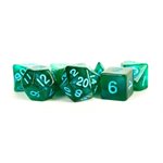 Dice: Acrylic 16mm 7pc Set: Stardust Green w /  Blue Numbers ^ Q3 2024