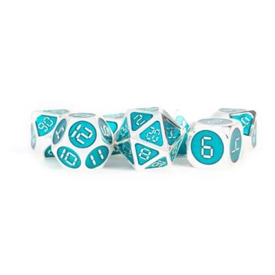 Dice: Metal 16mm 7pc Set: Silver w / Teal Enamel ^ Q2 2024