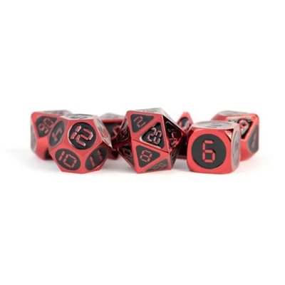 Dice: Metal 16mm 7pc Set: Red w / Black Enamel ^ Q3 2024