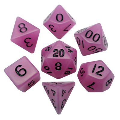 Dice: Acrylic 16mm 7pc Set: Glow in the Dark: Purple