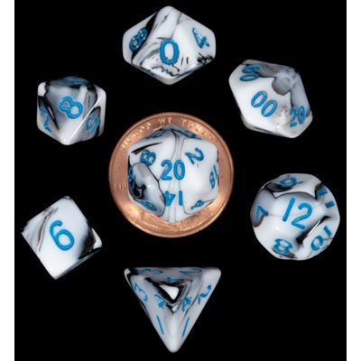 Dice: Mini 10mm 7pc Set: Marble: Blue Numbers ^ Q2 2024