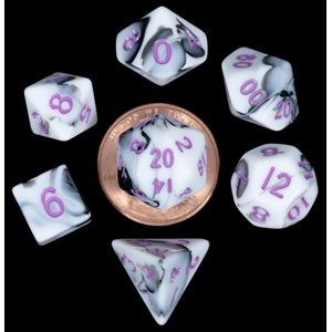 Dice: Mini 10mm 7pc Set: Marble: Purple Numbers ^ Q2 2024