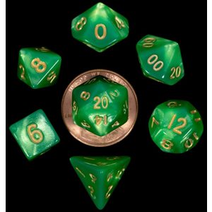 Dice: Mini 10mm 7pc Set: Green / Light Green w / Gold Numbers ^ Q2 2024