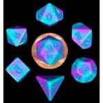 Dice: Mini 10mm 7pc Set: Purple / Teal w / Blue Numbers ^ Q2 2024