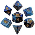 Dice: Mini 10mm 7pc Set: Blue / Light Blue w / Gold Numbers ^ Q2 2024