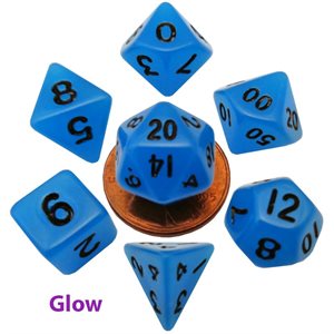 Dice: Mini 10mm 7pc Set: Glow in the Dark: Blue ^ Q2 2024