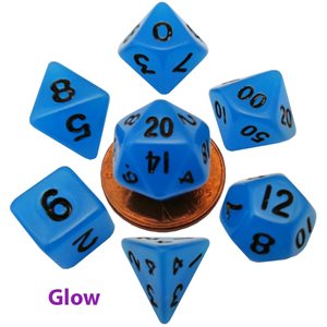 Dice: Mini 10mm 7pc Set: Glow in the Dark: Blue