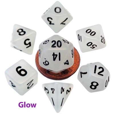 Dice: Mini 10mm 7pc Set: Glow in the Dark: Clear ^ Q2 2024