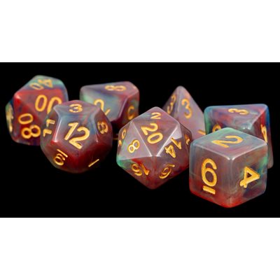 Dice: Resin 16mm 7pc Set: Red Pearl Swirl ^ Q3 2024