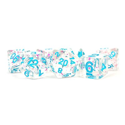 Dice: Resin 16mm 7pc Set: Clear Confetti ^ Q3 2024