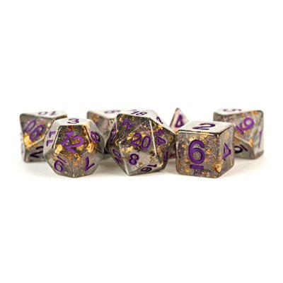 Dice: Resin 16mm 7pc Set: Gray w / Gold Foil, Purple Numbers ^ Q2 2024