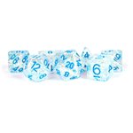 Dice: Resin 16mm 7pc Set: Flash Clear w / Light Blue Numbers ^ Q3 2024