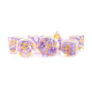 Dice: Resin 16mm 7pc Set: Pearl Purple w / Gold Numbers ^ Q2 2024