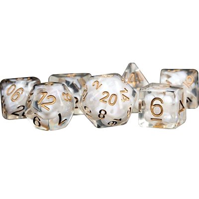 Dice: Resin 16mm 7pc Set: Pearl w / Copper Numbers ^ Q3 2024