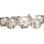 Dice: Resin 16mm 7pc Set: Pearl w / Copper Numbers ^ Q3 2024