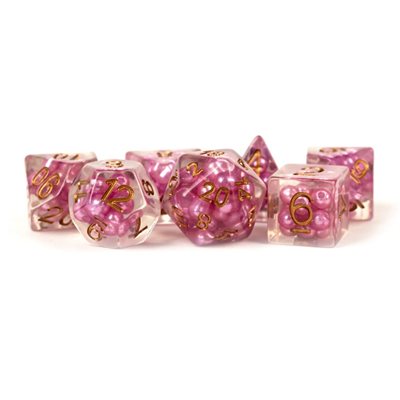 Dice: Resin 16mm 7pc Set: Pearl Pink w / Copper Numbers ^ Q2 2024