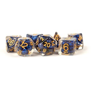 Dice: Resin 16mm 7pc Set: Pearl Royal Blue w / Gold Numbers ^ Q2 2024
