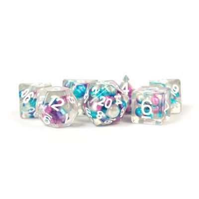 Dice: Resin 16mm 7pc Set: Pearl Gradient Purple / Teal / White ^ Q3 2024