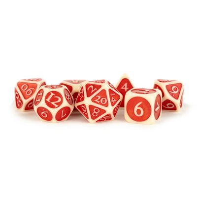 Dice: Enamel Acrylic 16mm 7pc Set: Ivory w / Red Enamel ^ Q3 2024