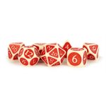 Dice: Enamel Acrylic 16mm 7pc Set: Ivory w /  Red Enamel ^ Q3 2024